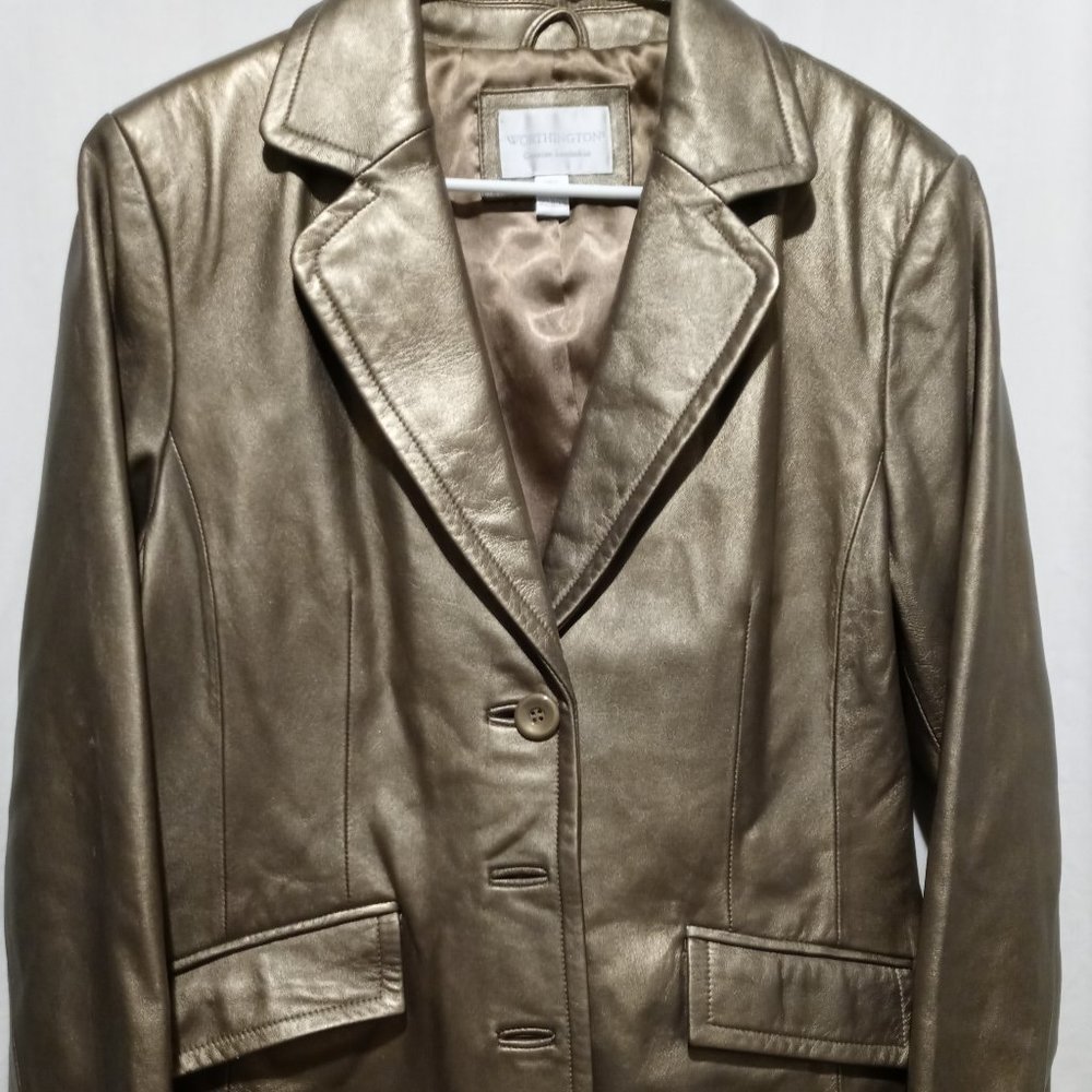 Vintage Worthington Metallic Gold Genuine Lambskin Leather Jacket Wms Lg